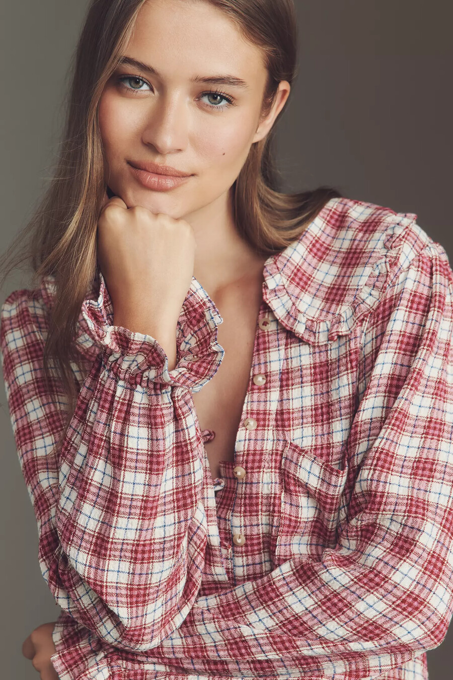 the keira collared button-front blouse by pilcro long-sleeve plaid edition