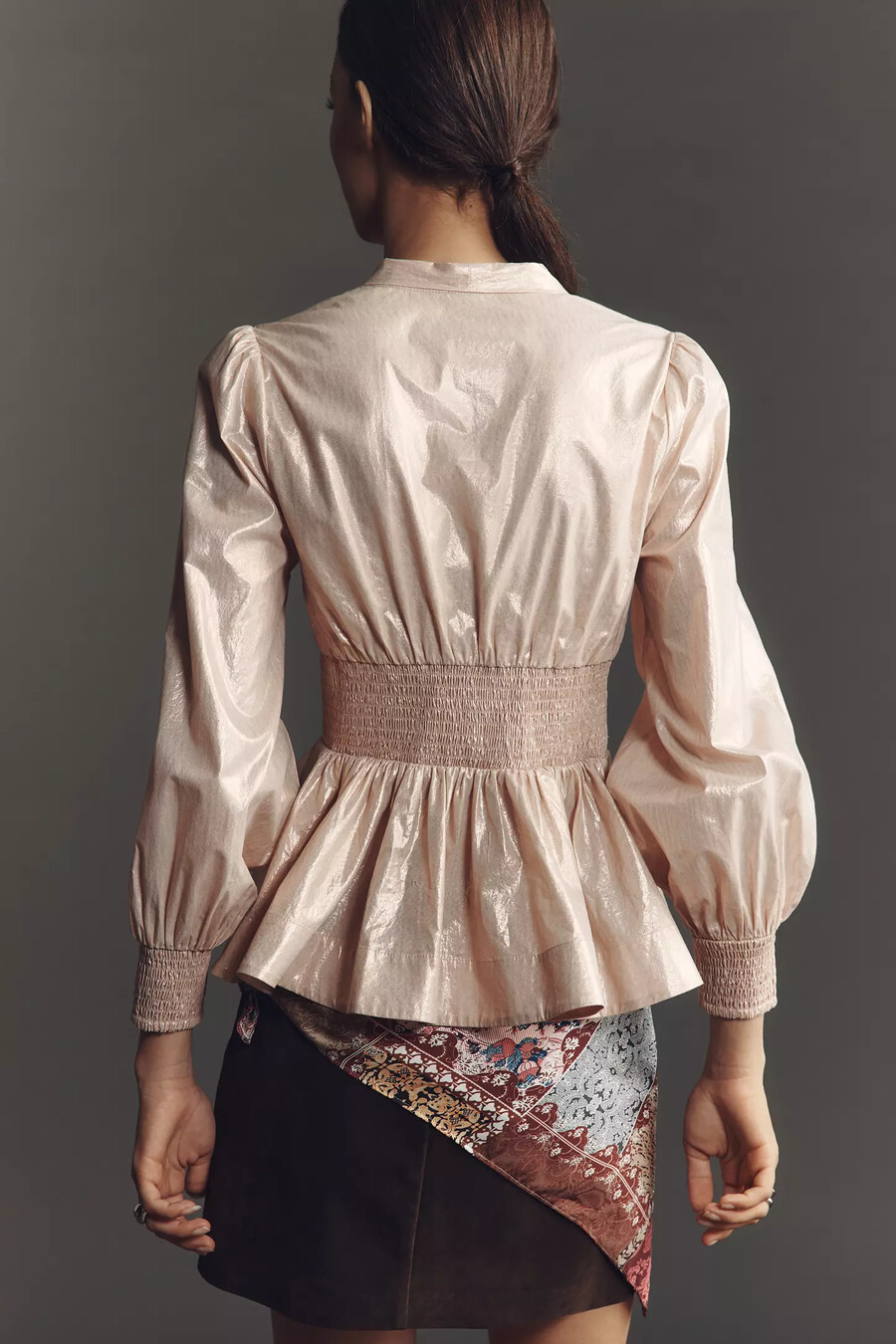 the tommie long-sleeve shine smocked front-zip blouse