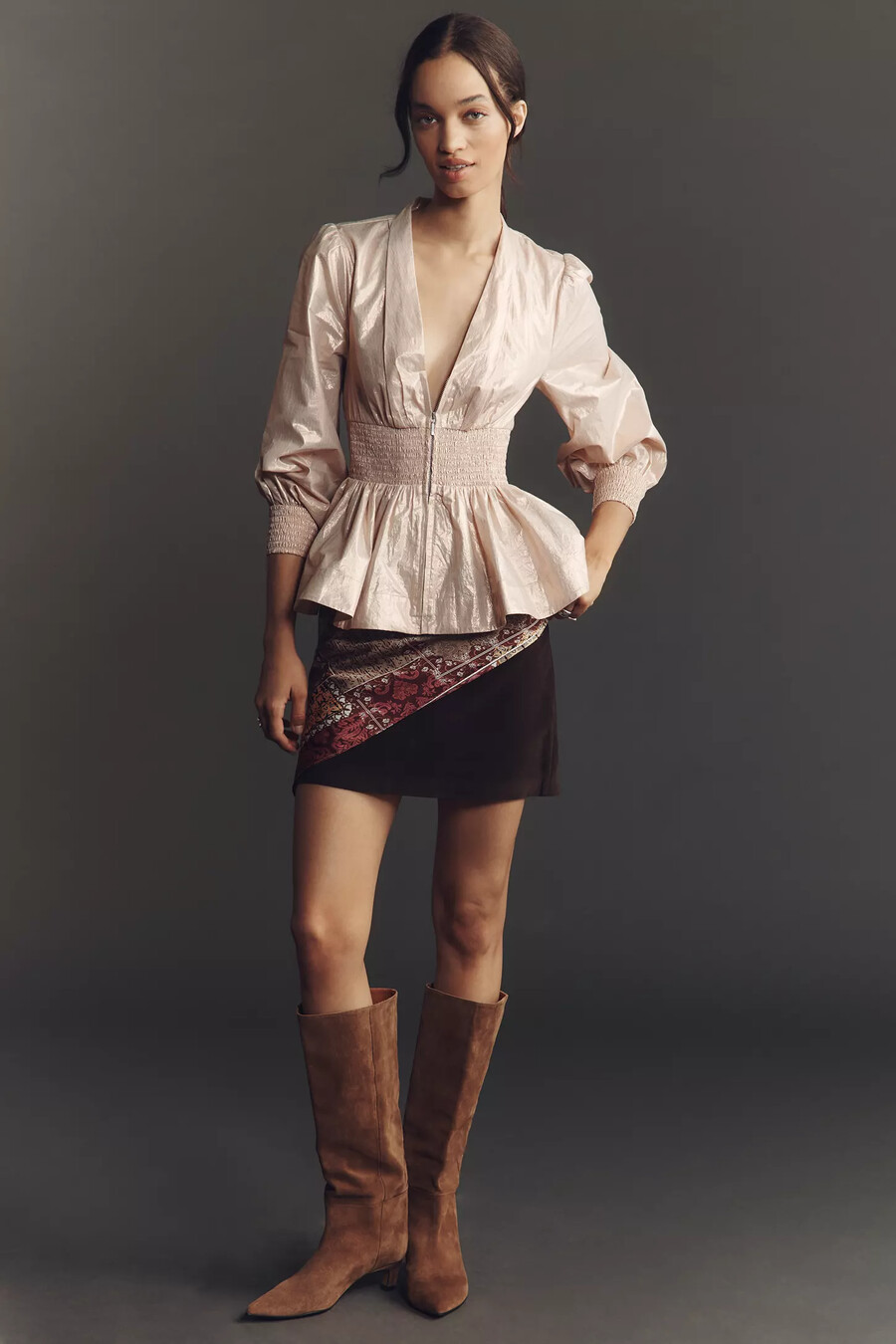 the tommie long-sleeve shine smocked front-zip blouse