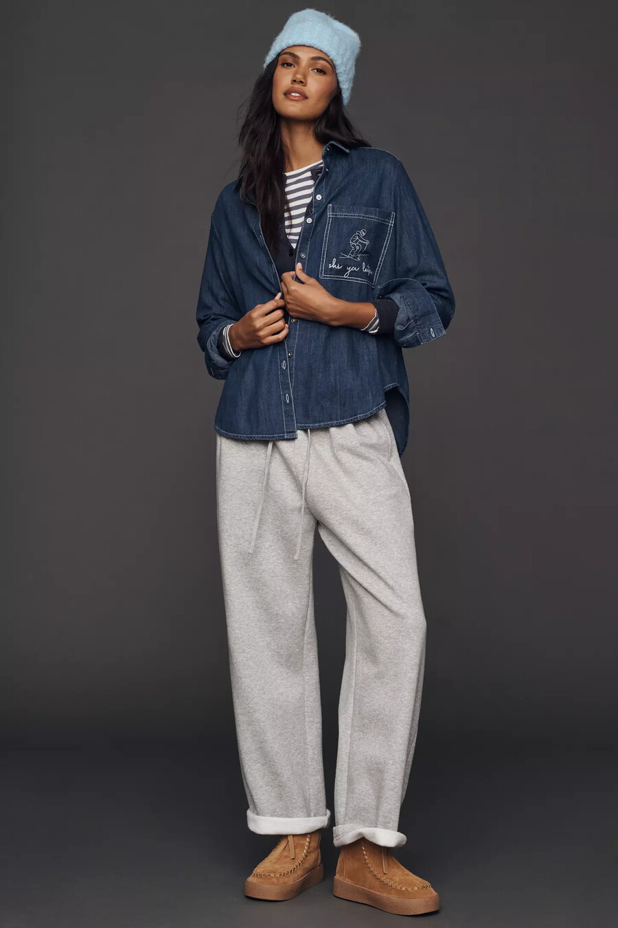 pilcro ski motif long-sleeve denim buttondown shirt