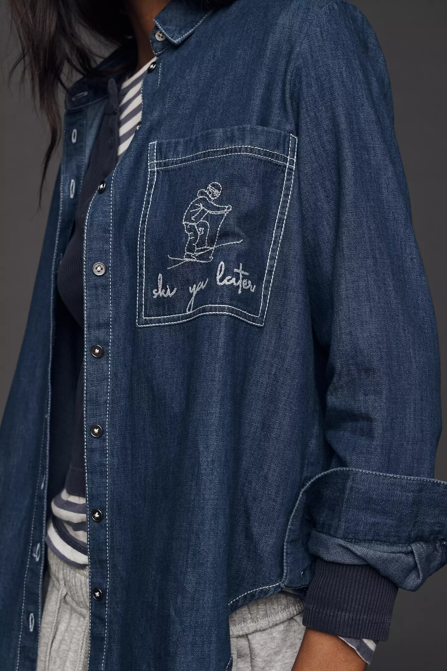 pilcro ski motif long-sleeve denim buttondown shirt