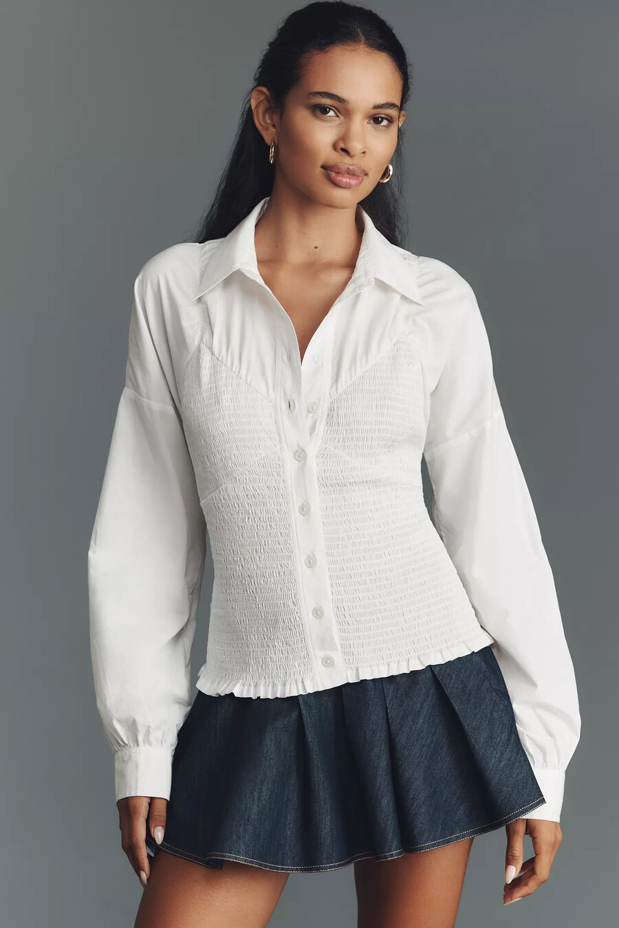 maeve smocked corset buttondown shirt