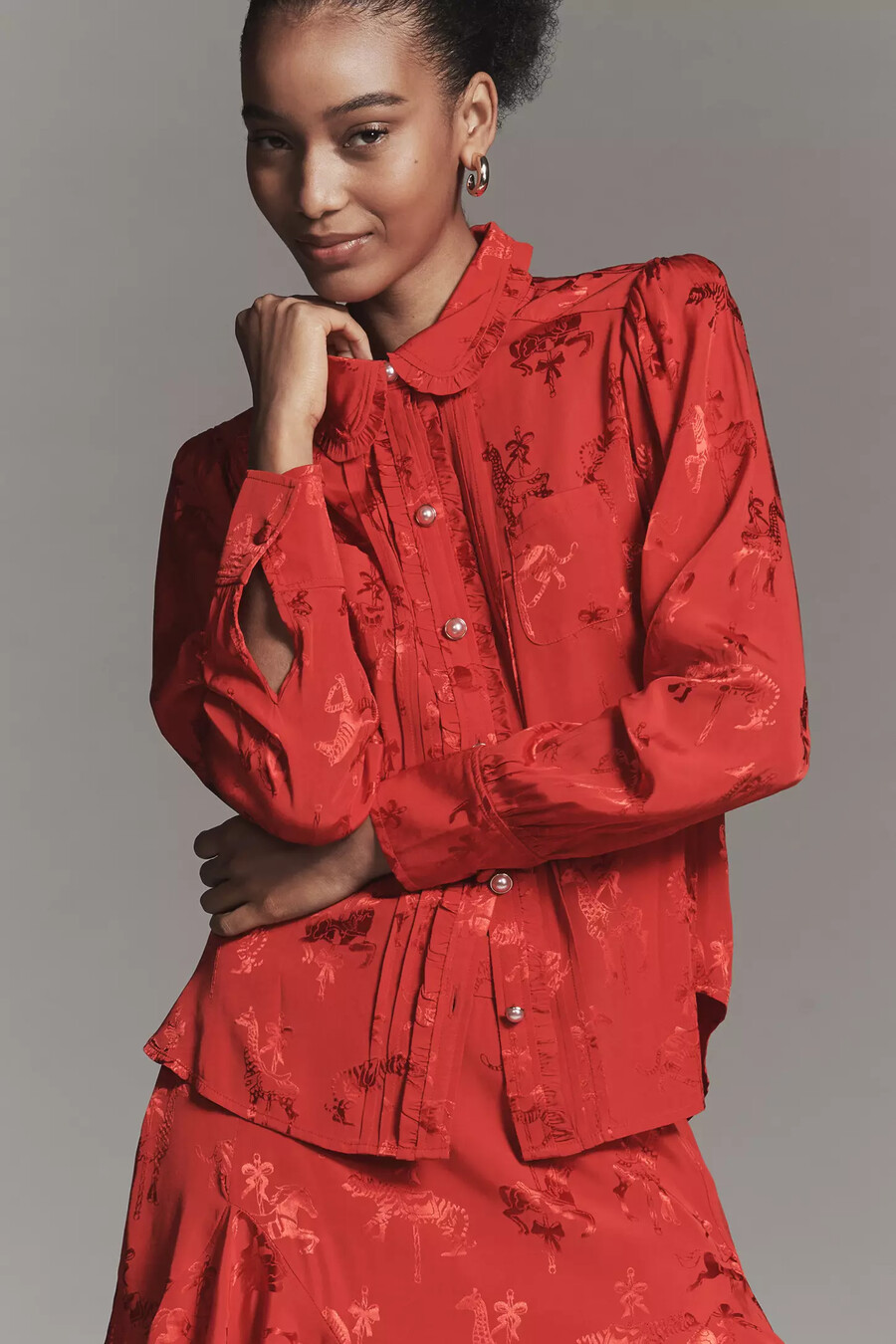 maeve long-sleeve printed silky buttondown blouse