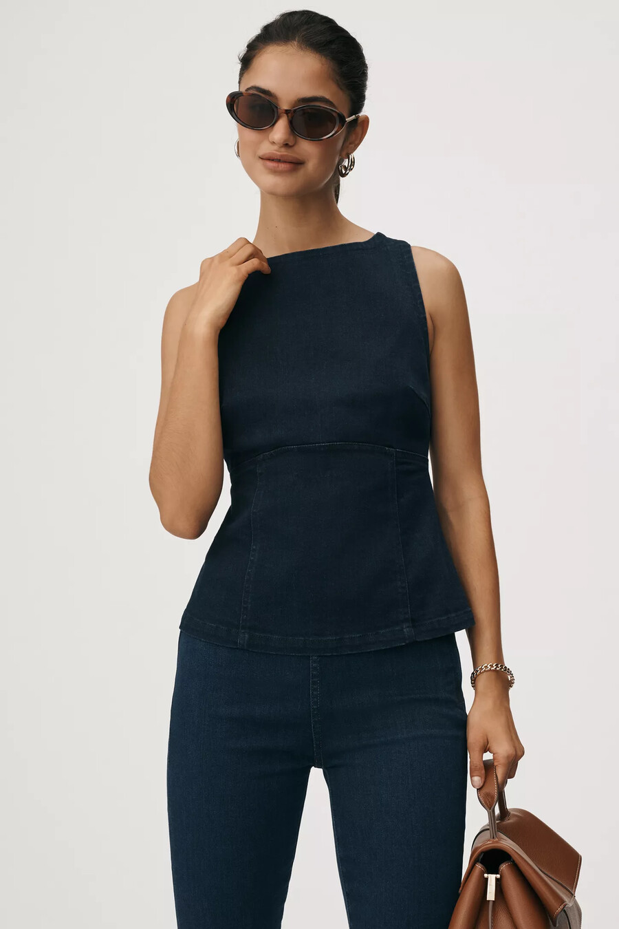 pilcro sleeveless open-back denim peplum top