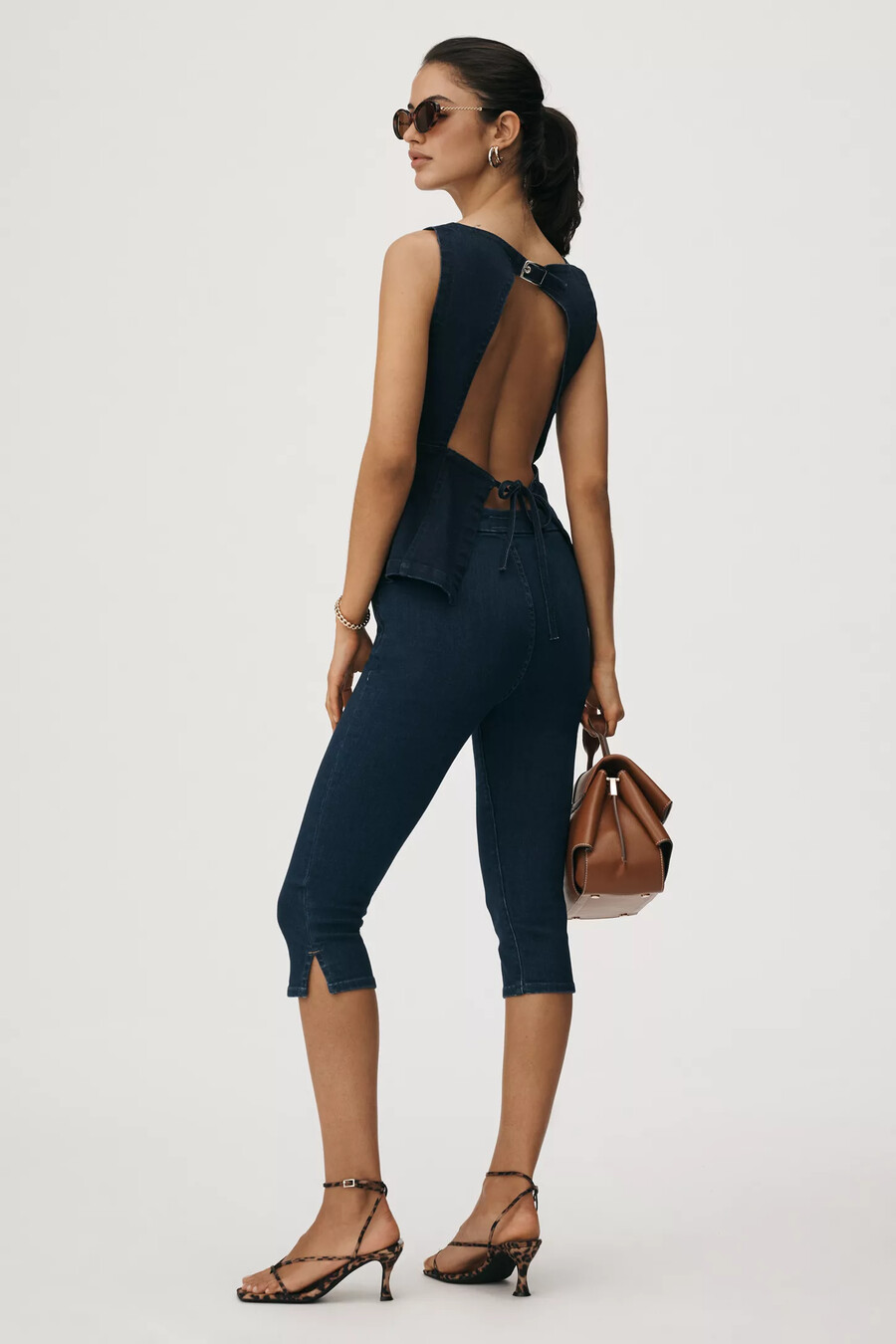 pilcro sleeveless open-back denim peplum top