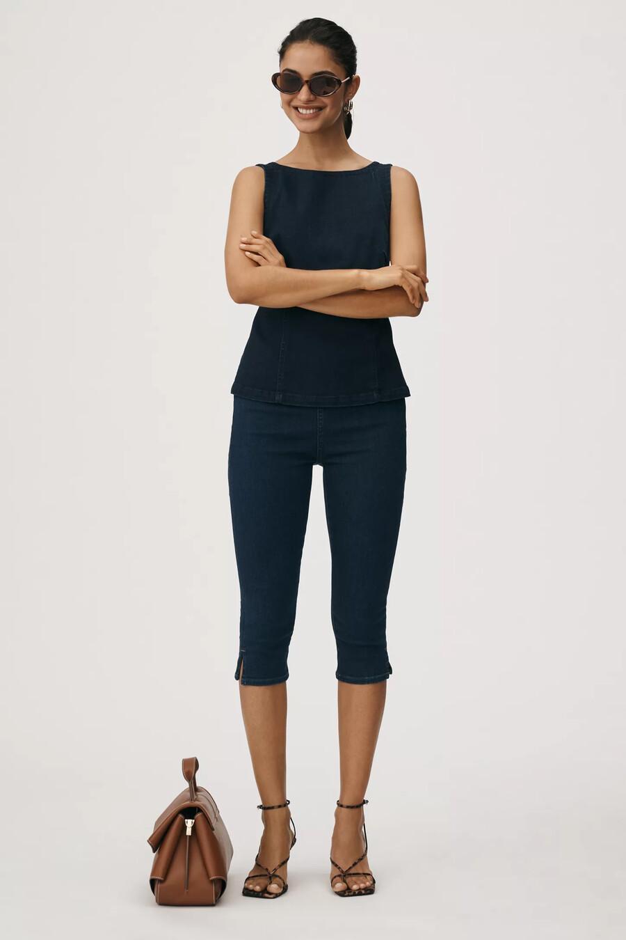 pilcro sleeveless open-back denim peplum top