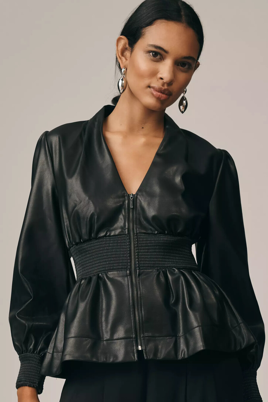 the tommie long-sleeve faux-leather smocked front-zip blouse