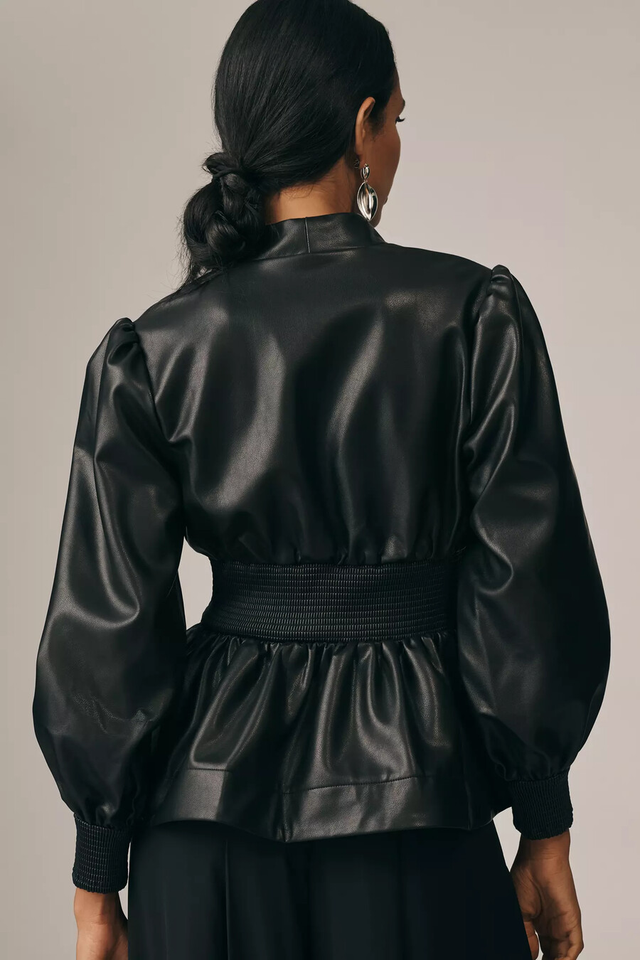 the tommie long-sleeve faux-leather smocked front-zip blouse