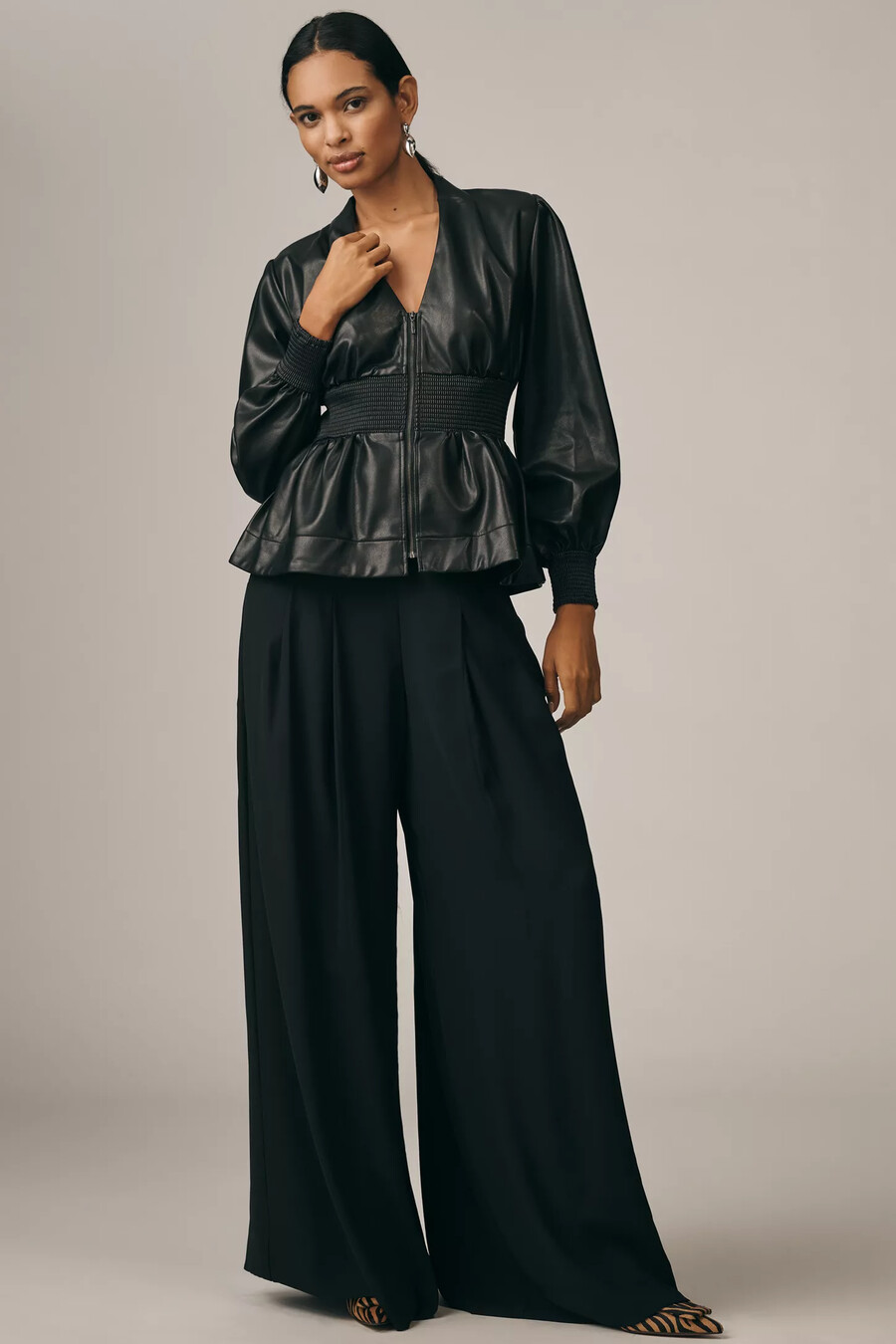 the tommie long-sleeve faux-leather smocked front-zip blouse