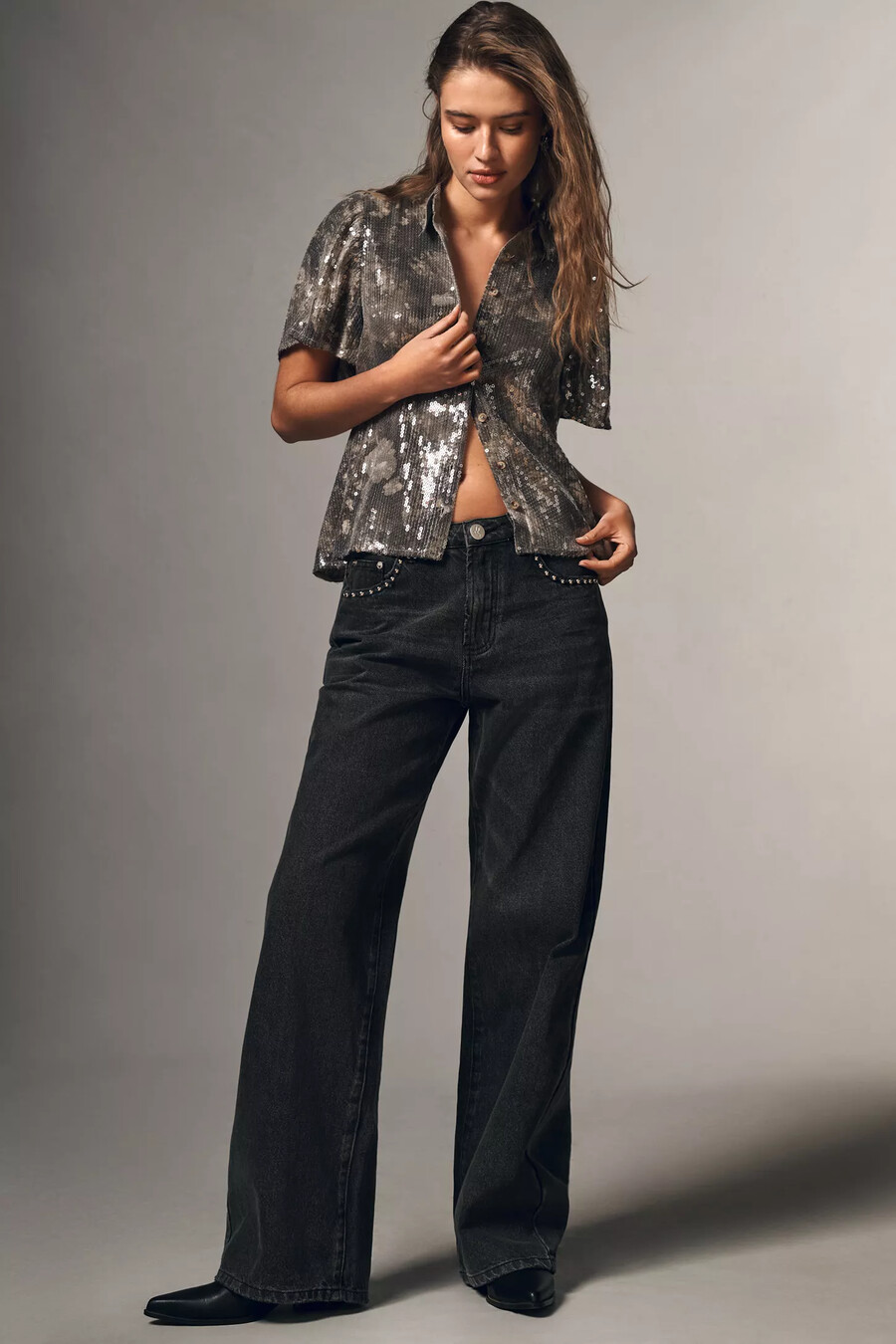 pilcro short-sleeve sequin buttondown blouse