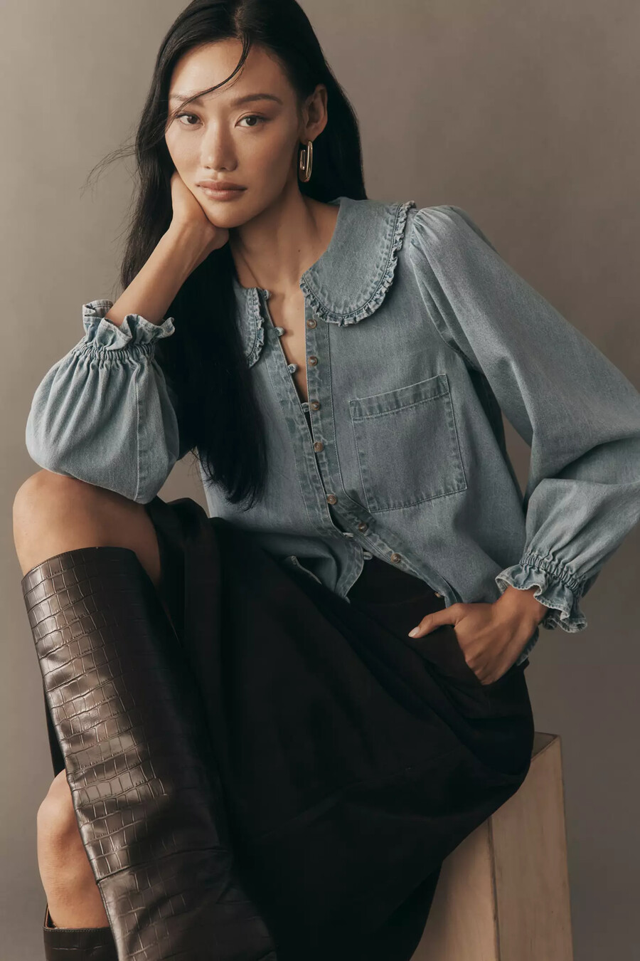 the keira collared button-front blouse by pilcro long-sleeve denim edition