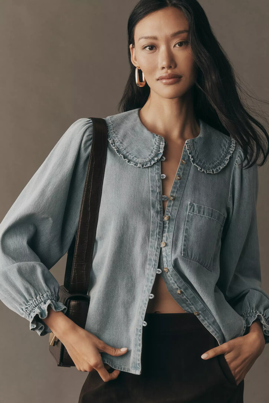 the keira collared button-front blouse by pilcro long-sleeve denim edition