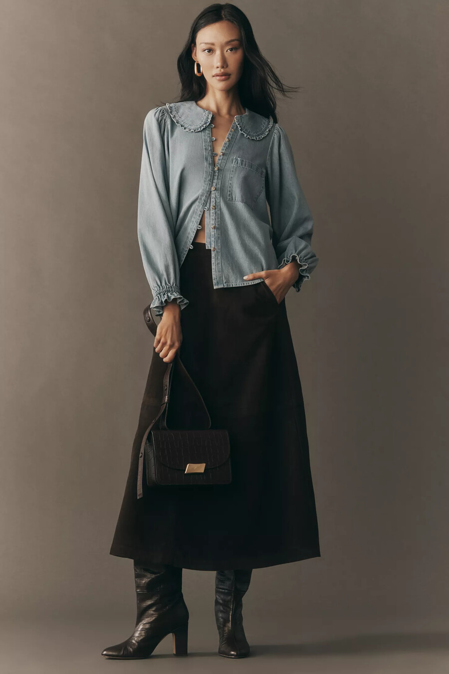 the keira collared button-front blouse by pilcro long-sleeve denim edition