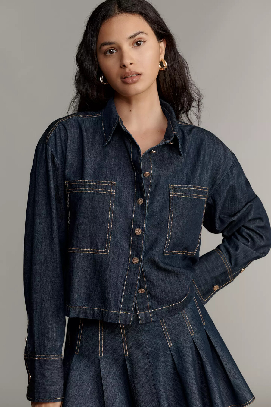 maeve long-sleeve crop denim buttondown shirt
