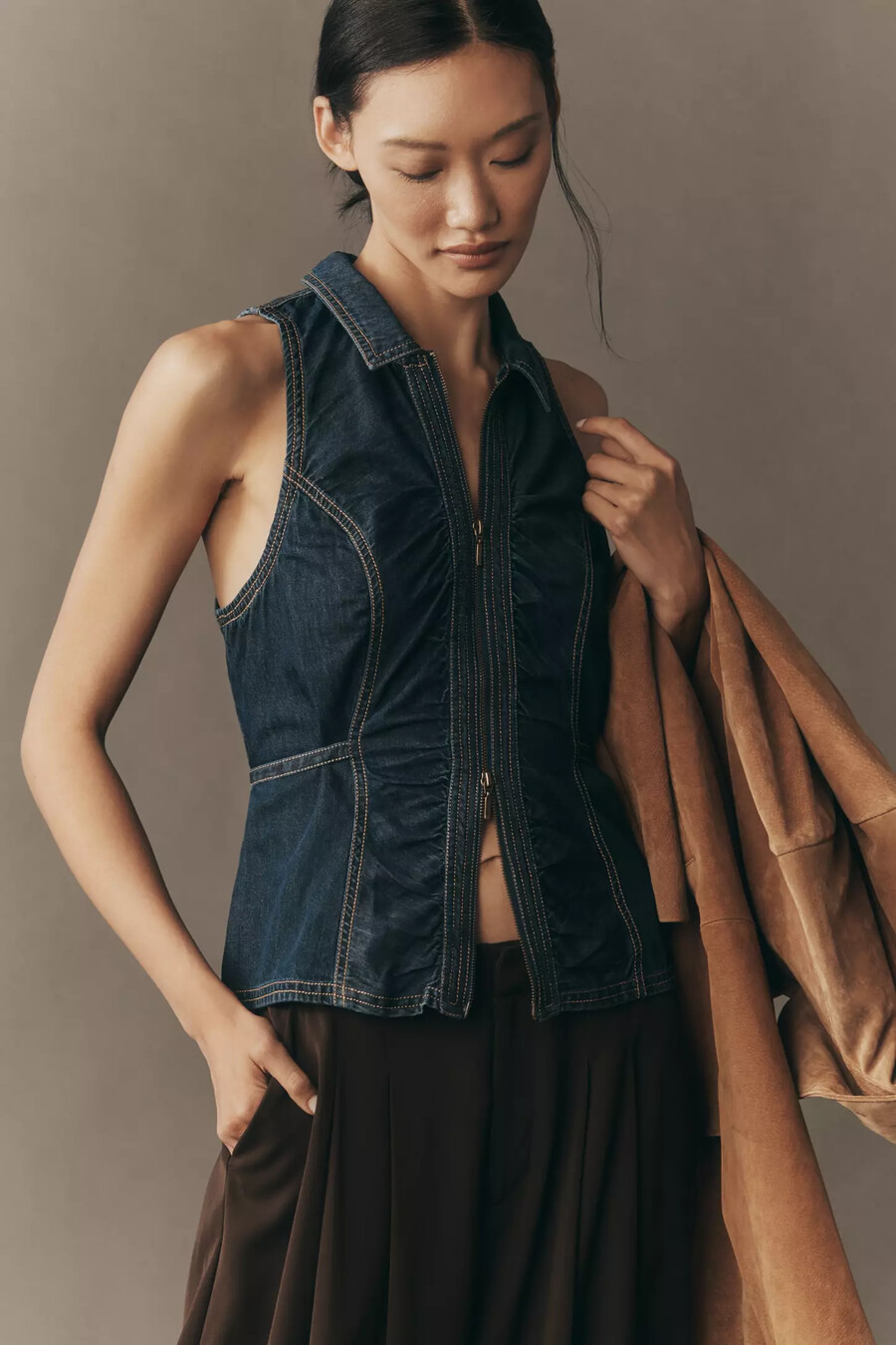 pilcro denim zip-front vest