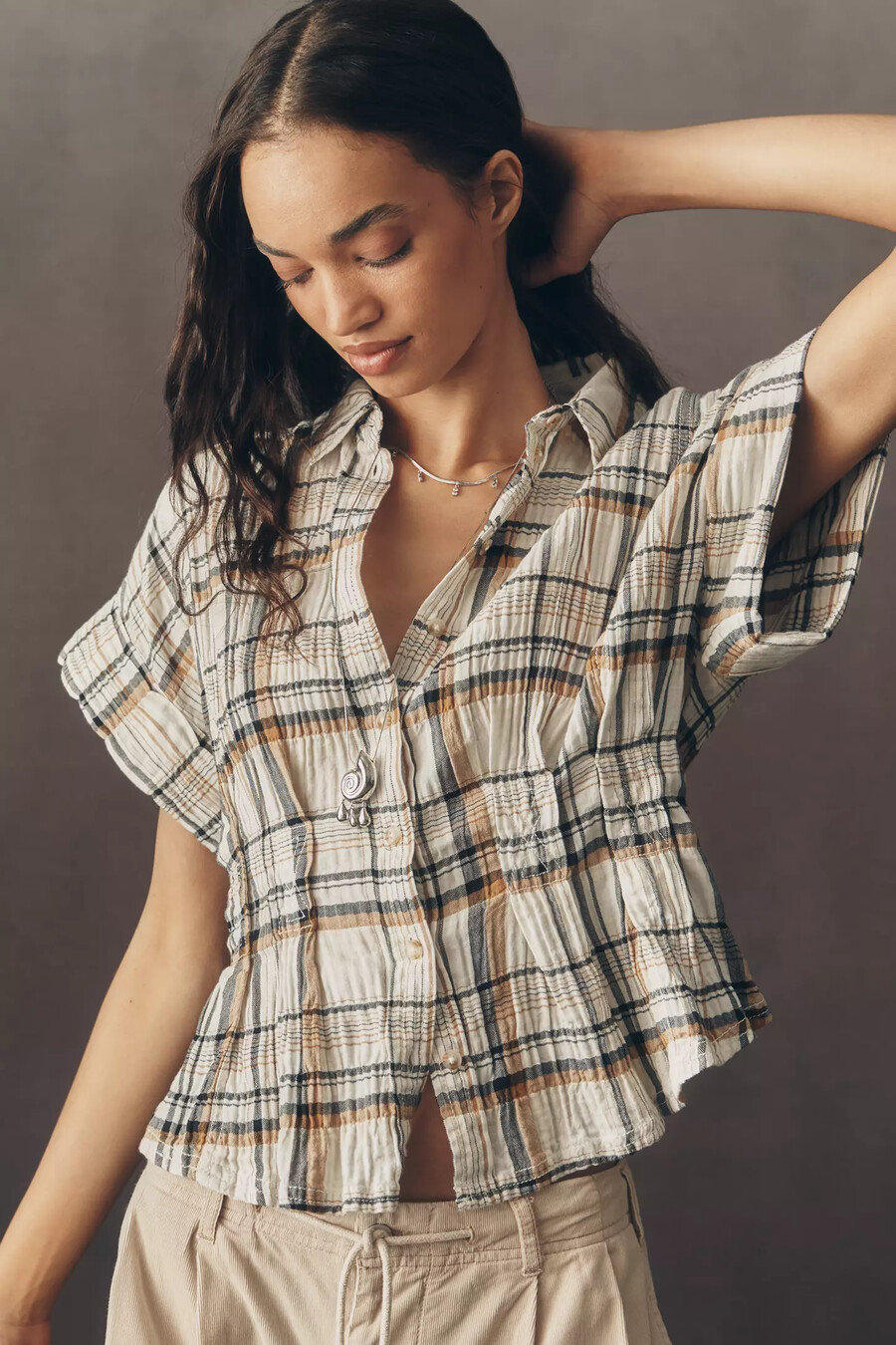 the bobbie short-sleeve fitted-waist plaid blouse by pilcro