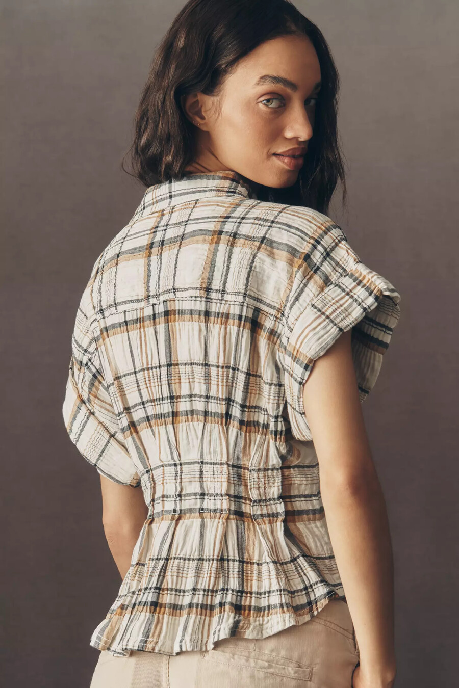 the bobbie short-sleeve fitted-waist plaid blouse by pilcro