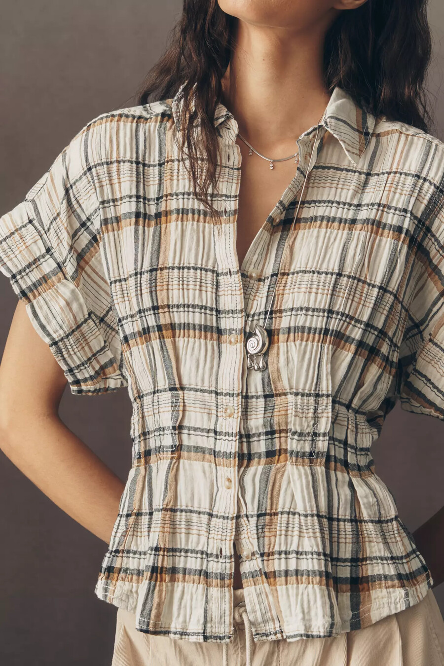 the bobbie short-sleeve fitted-waist plaid blouse by pilcro