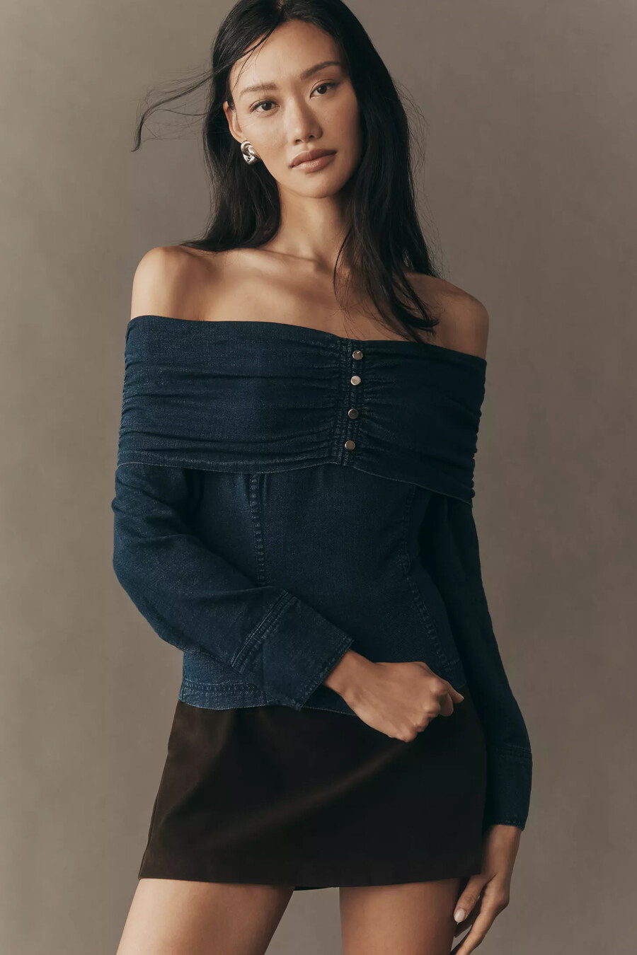 pilcro long-sleeve off-shoulder denim top