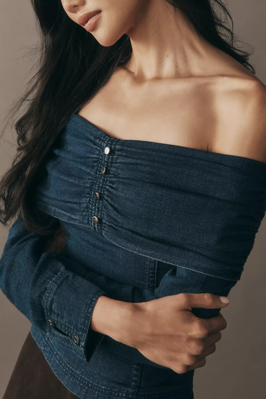 pilcro long-sleeve off-shoulder denim top