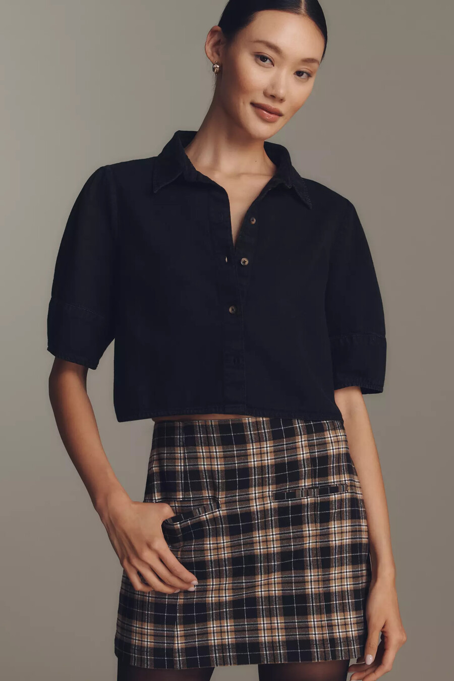 pilcro lantern-sleeve collared crop blouse