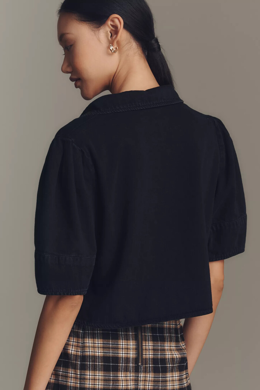 pilcro lantern-sleeve collared crop blouse