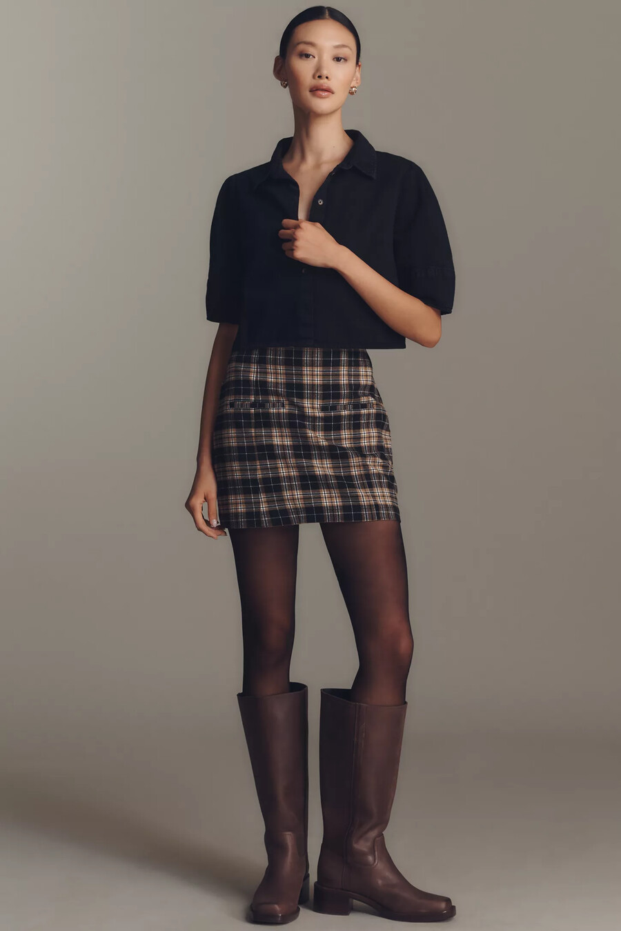 pilcro lantern-sleeve collared crop blouse