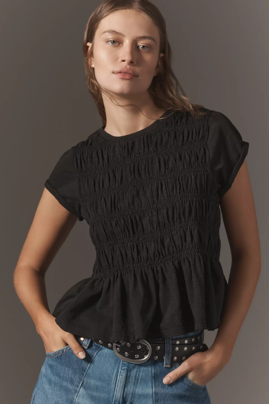 pilcro garment dye ruched crew-neck cap-sleeve t-shirt