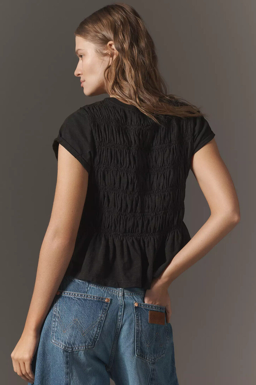 pilcro garment dye ruched crew-neck cap-sleeve t-shirt