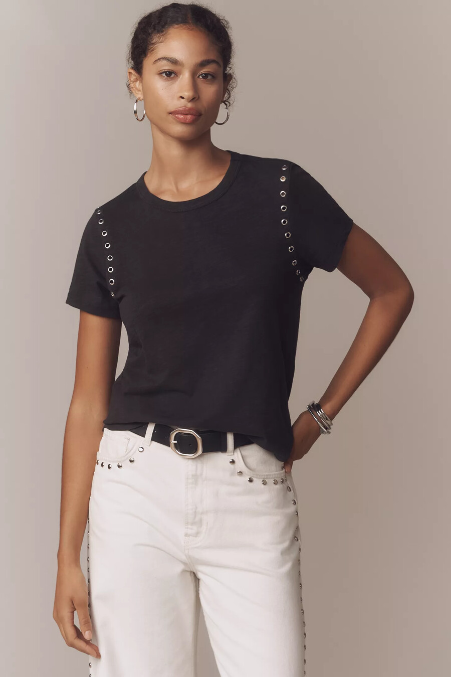 the bennie cotton slub crew-neck grommet t-shirt by pilcro