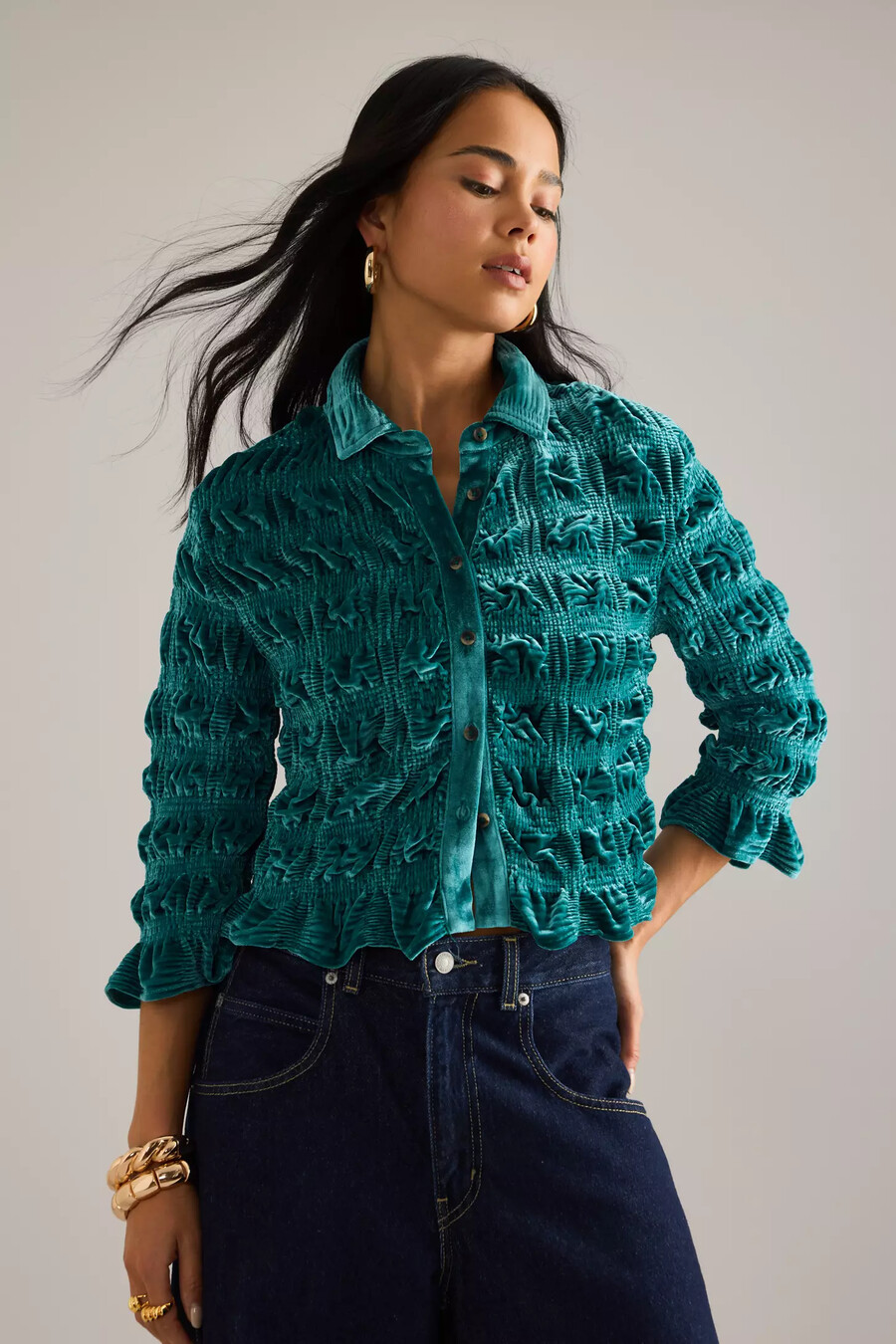 maeve shirred velvet buttondown top
