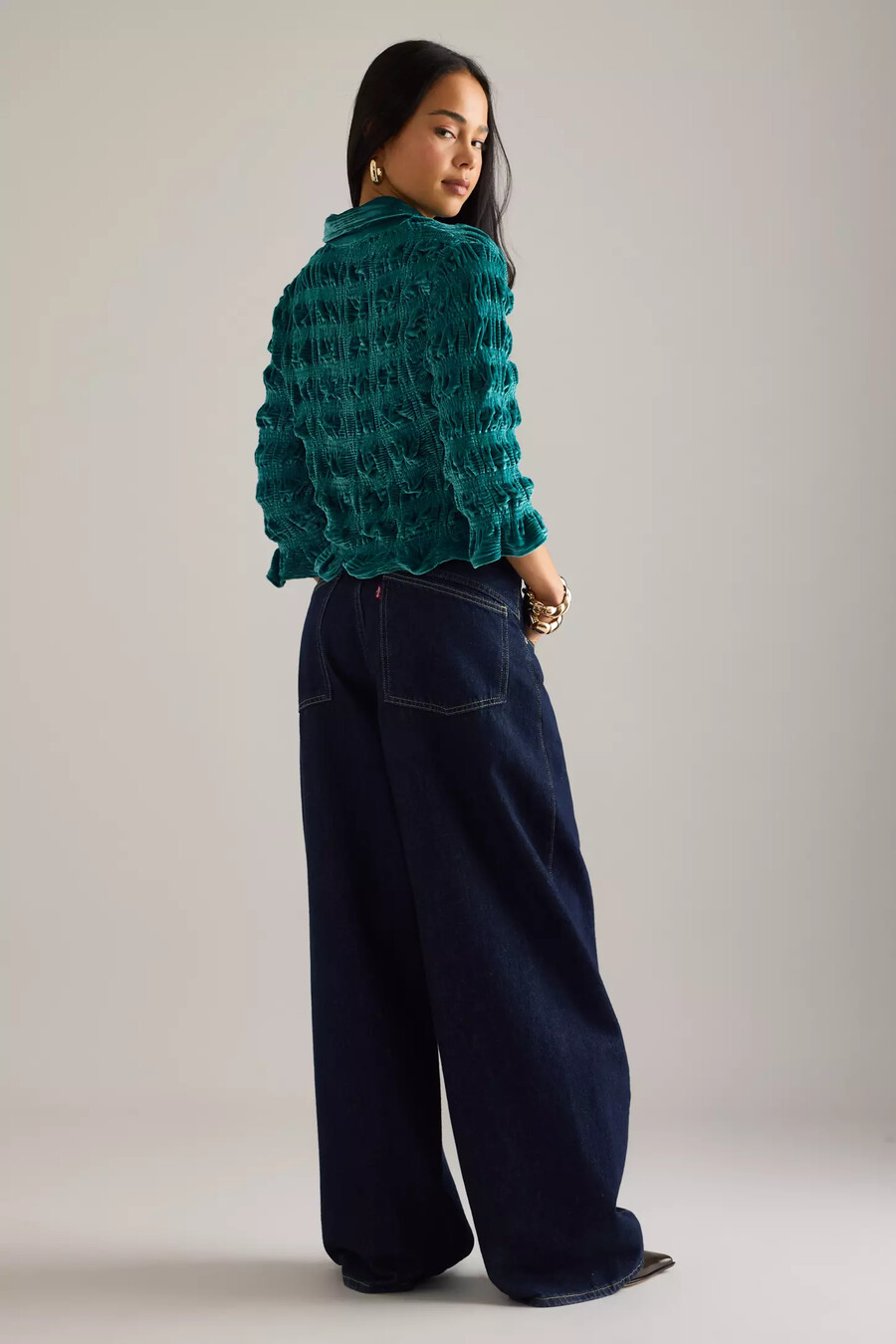 maeve shirred velvet buttondown top