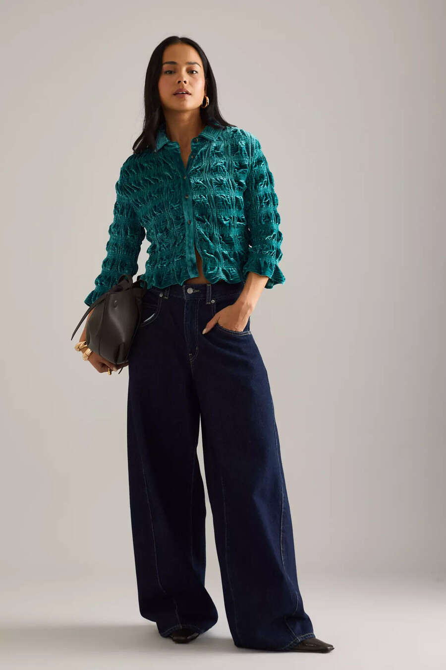 maeve shirred velvet buttondown top