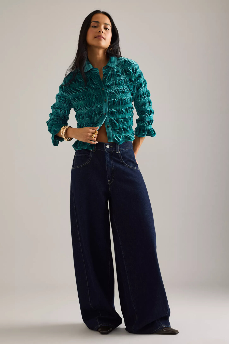 maeve shirred velvet buttondown top
