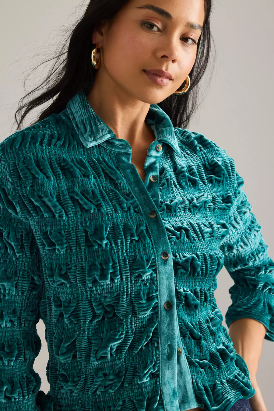 maeve shirred velvet buttondown top