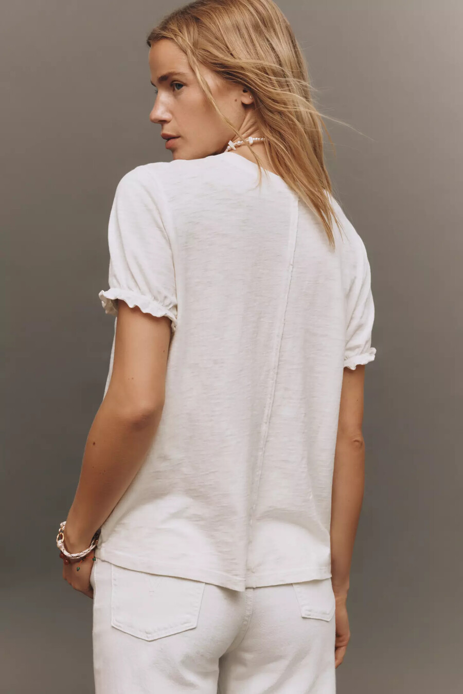 the bennie cotton-slub crew-neck t-shirt by pilcro puff-sleeve edition