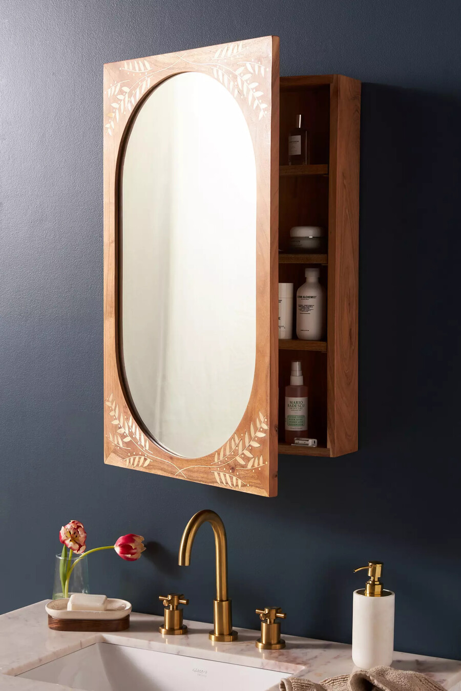 marta acacia wood mirrored bathroom wall cabinet