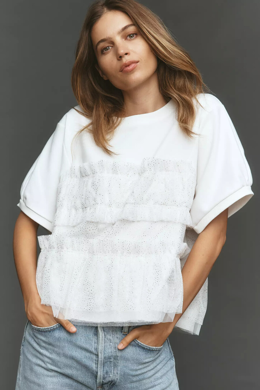 maeve short-sleeve smocked ruffled top