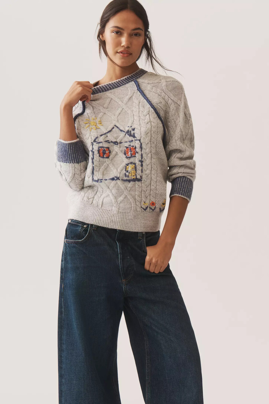 pilcro cable-knit embroidered jumper