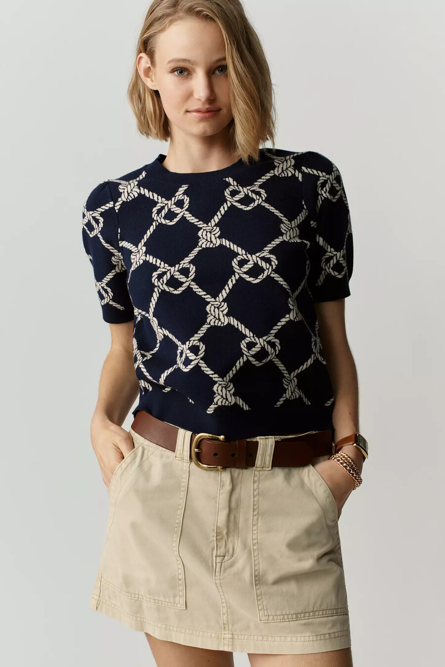 sloane strawberry puff-sleeve knitted top
