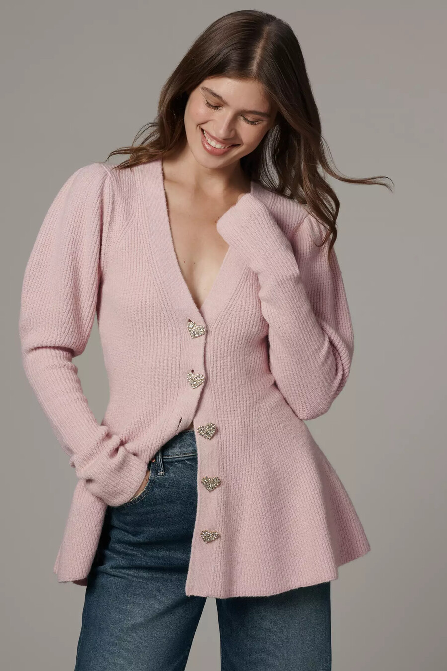 maeve puff-sleeve heart-button cardigan