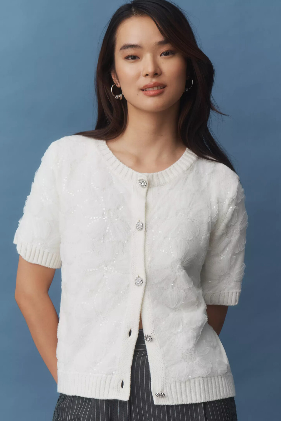 maeve short-sleeve floral embellished cardigan