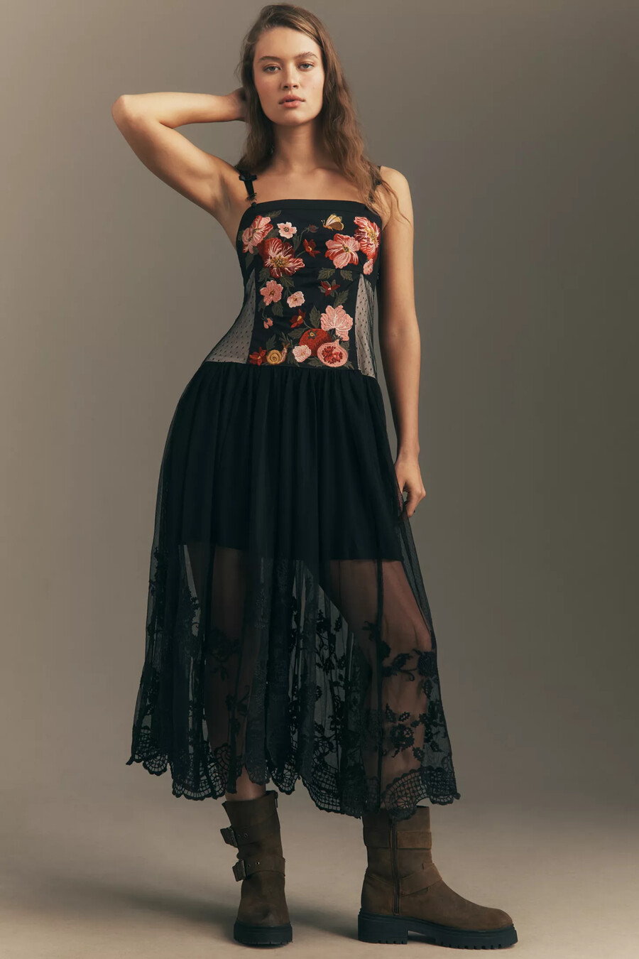 maeve sleeveless corset twofer sheer midi dress