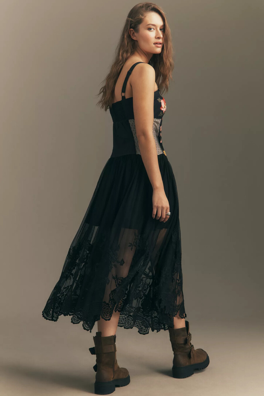 maeve sleeveless corset twofer sheer midi dress