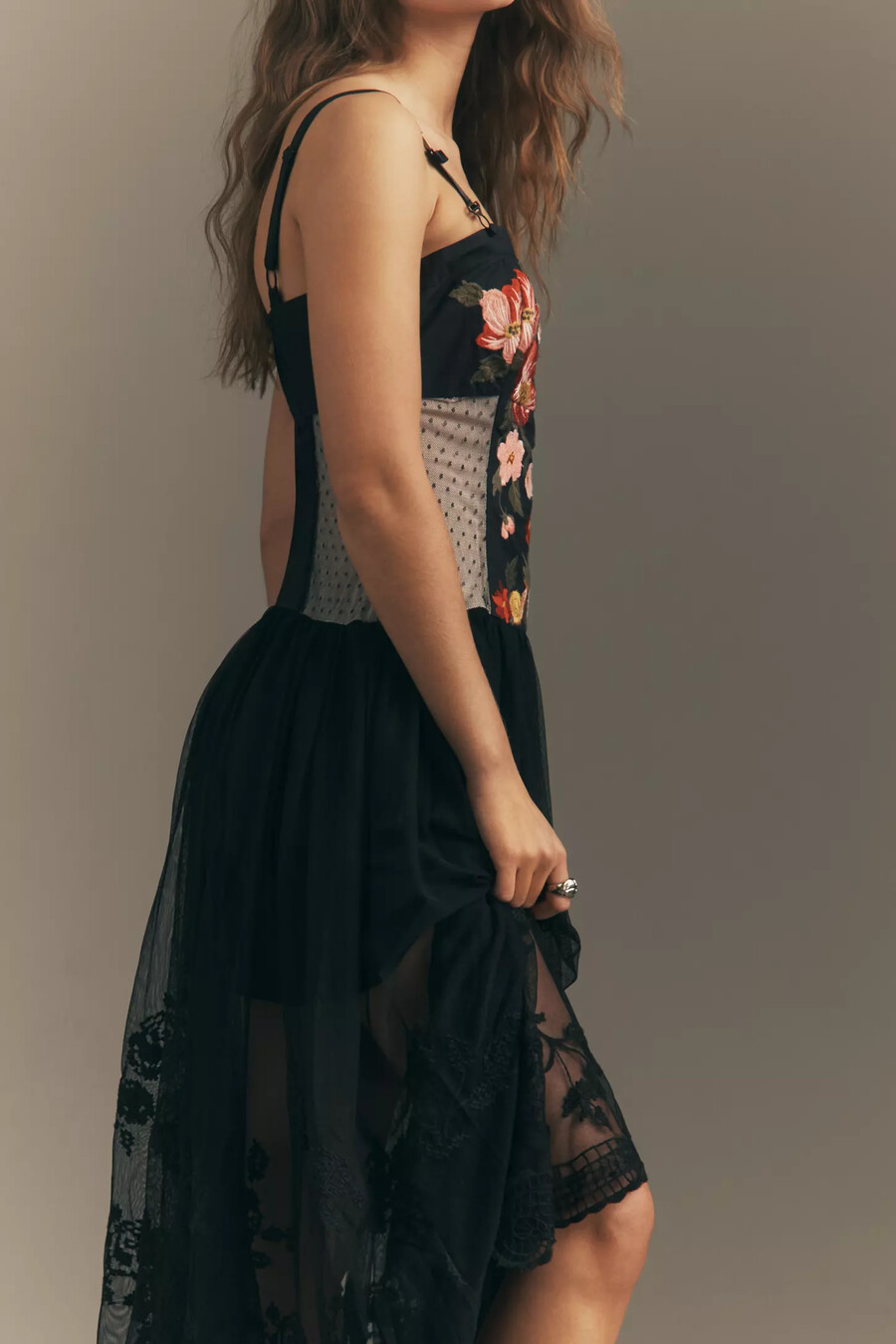 maeve sleeveless corset twofer sheer midi dress