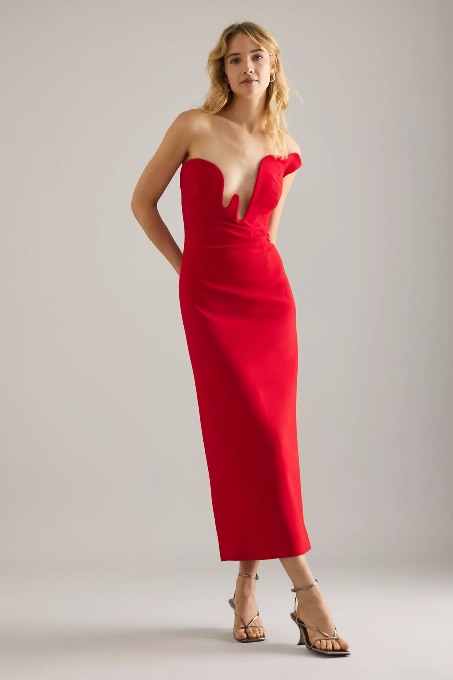 bardot rosalyn strapless plunge midi dress