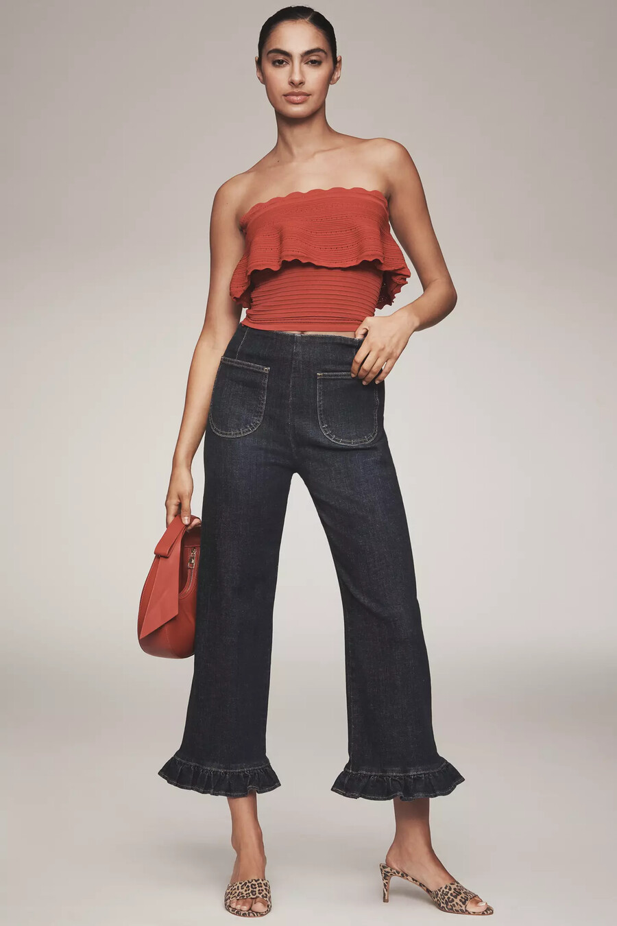 the colette denim ruffled cropped wide-leg jeans by maeve