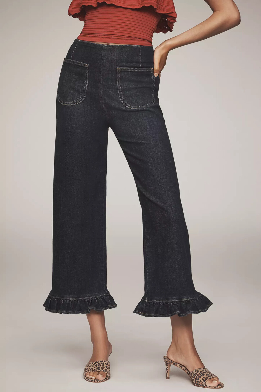 the colette denim ruffled cropped wide-leg jeans by maeve