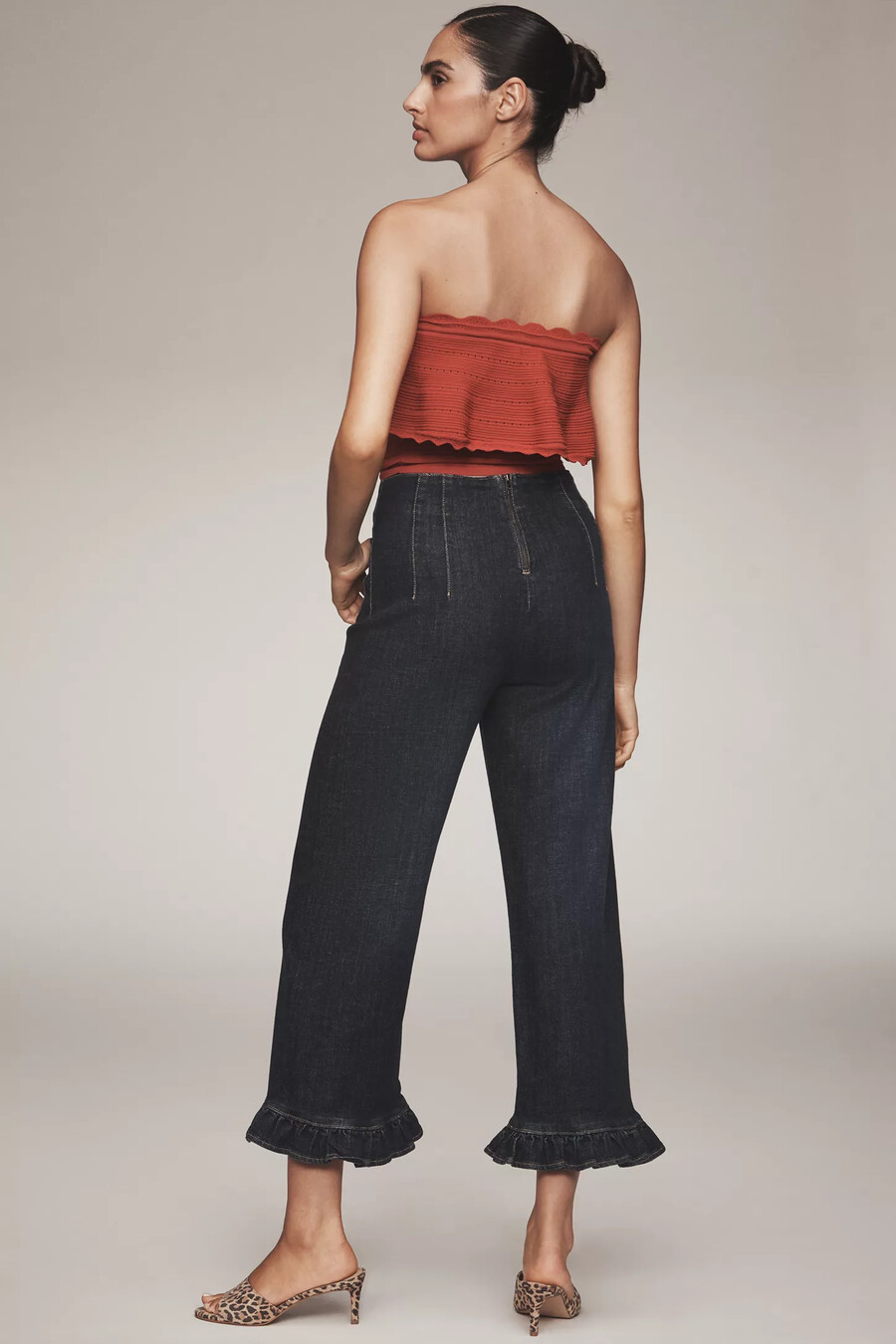 the colette denim ruffled cropped wide-leg jeans by maeve