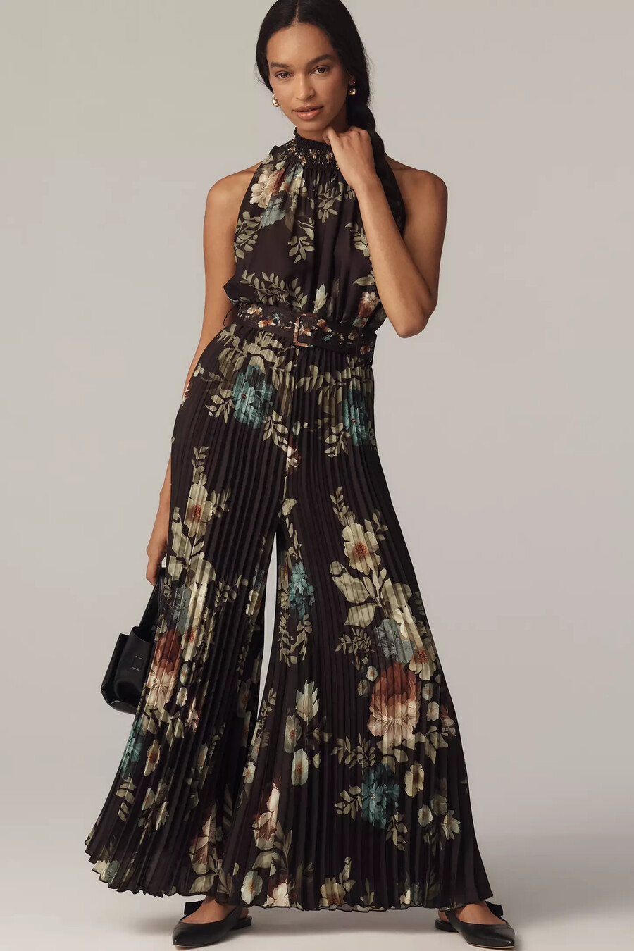 ranna gill pleated mock-neck floral jumpsuit